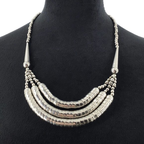 Vintage Bib Necklace Snake Tube Strands Silver Tone Hook Closure 24 Inch Length - Picture 1 of 2
